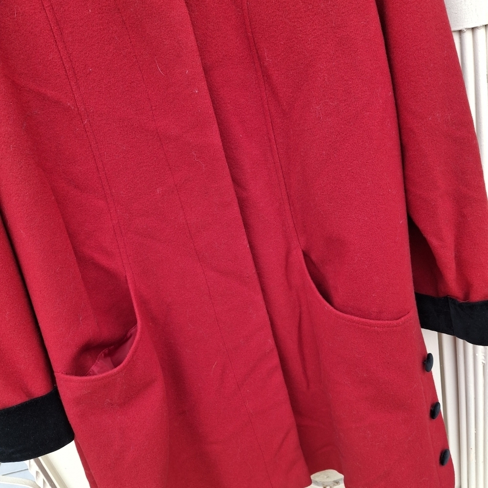 Herman Kay Red Wool and Black Velvet Trim Coat Vintage Women Size 16 - Picture 12 of 16